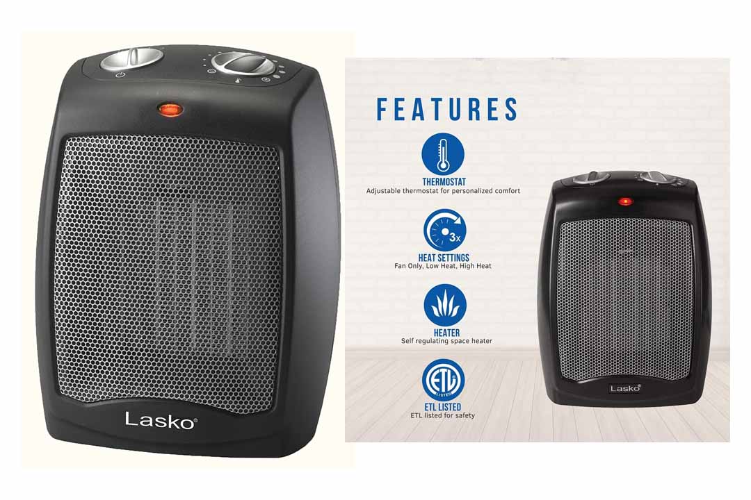 Lasko CD09250 Ceramic Adjustable Thermostat Tabletop or Under-Desk Heater