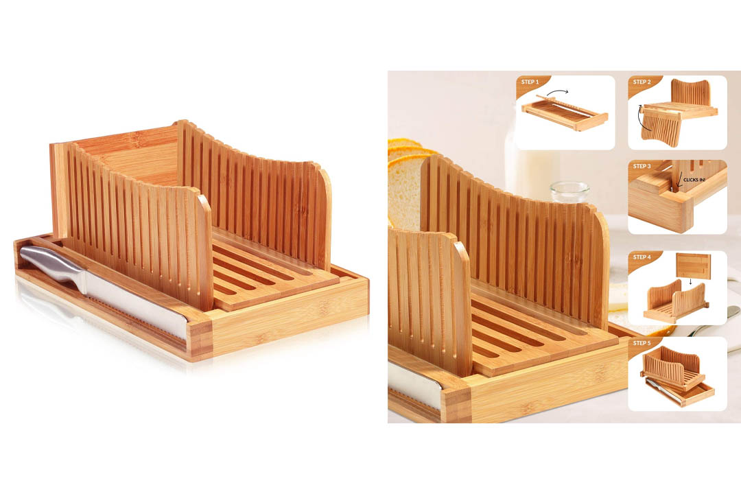 Bamboo Bread Slicer Guide with Crumb Catcher Tray