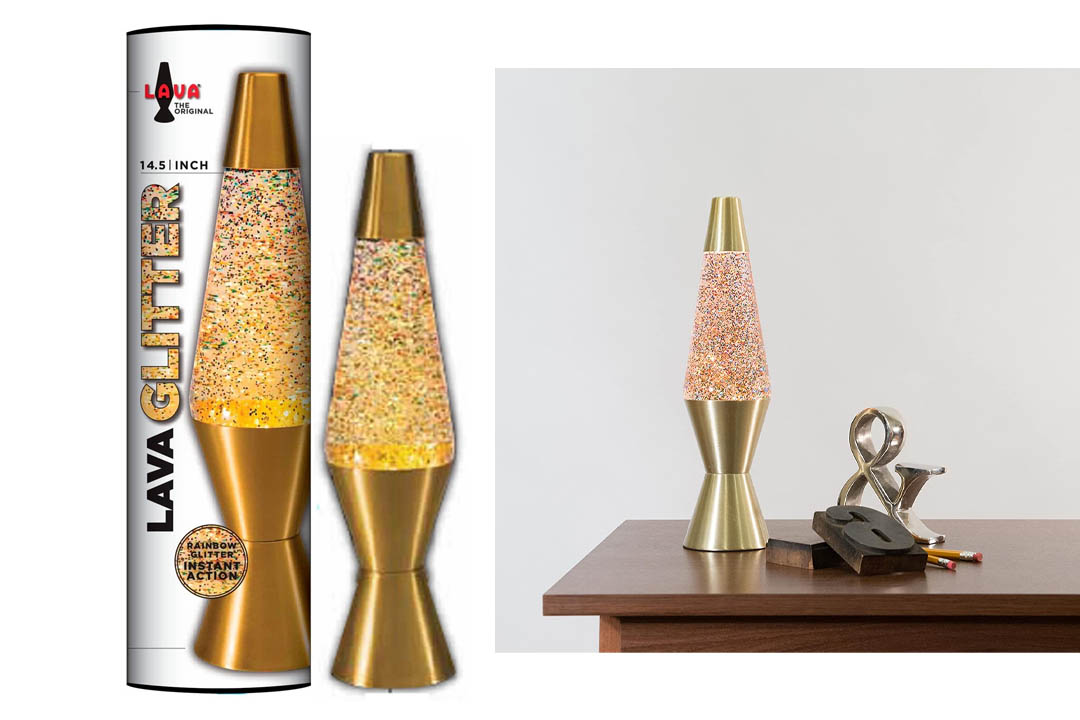 14.5-Inch Gold Base Lamp with Rainbow Glitter Wax in Clear Liquid