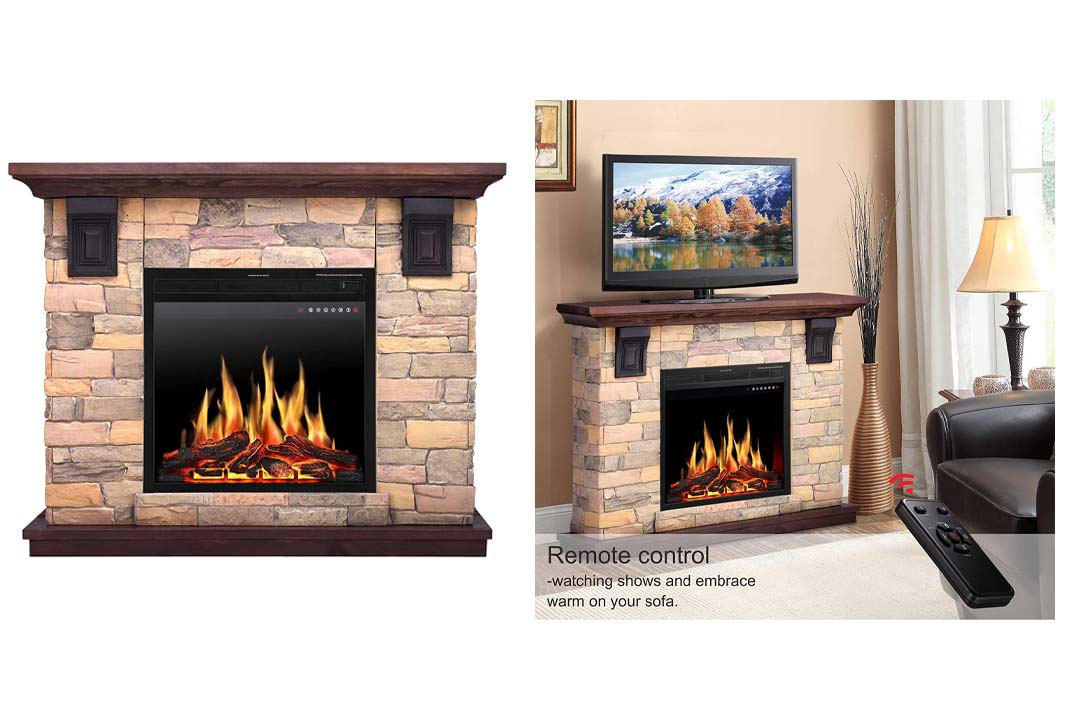 JAMFLY Electric Fireplace Wall Mantel in Faux Stone