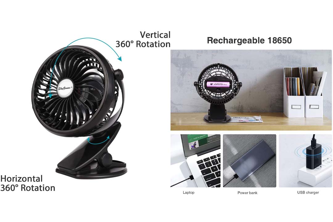 SkyGenius Battery Operated Clip on Mini Desk Fan, Black