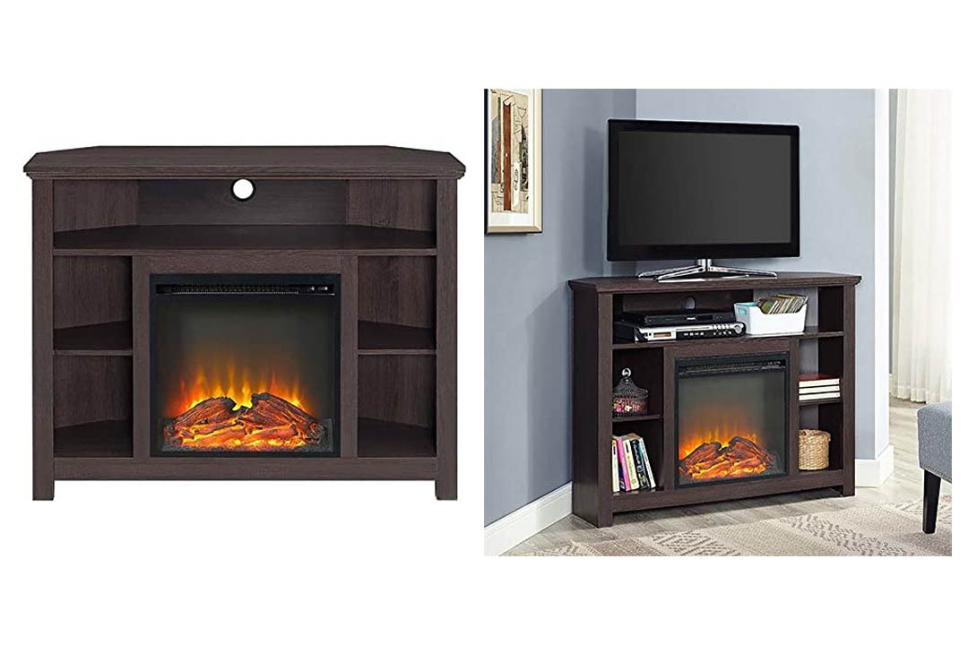 Pemberly Row Wood Corner Fireplace TV Stand in Espresso Finish